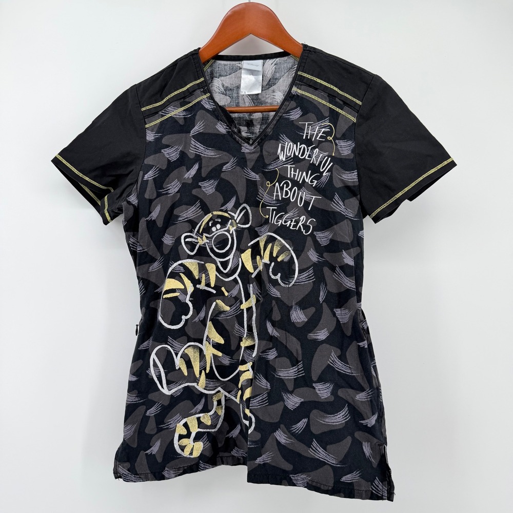 Disney Women XS Scrub Top Tigger Character Side Zip Pockets Black Yellow TF660